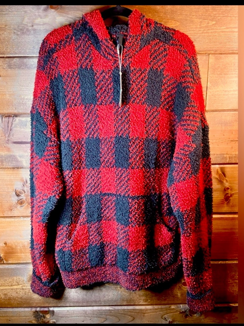 SKIMS Red and Black Plaid Super Soft Oversized Lounge Teddy Hoodie